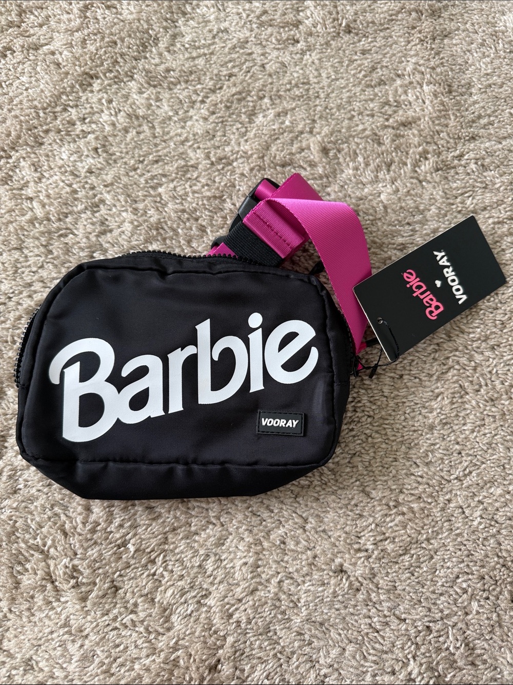 Barbie x VOORAY Black Crossbody Quinn Belt Bag with Hot Pink Strap